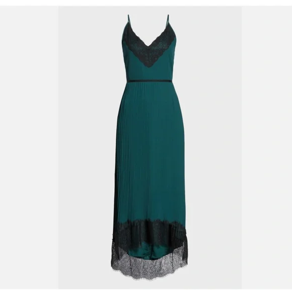J.Crew Collection Spaghetti Strap Pleated Midi Dress Green Black Lace 2 NEW $198 - Picture 2 of 5